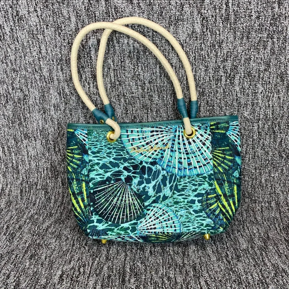 Palm‎ Island Sea Turtle Seashell Tote Bag Pouch Set Teal Blue Beach Rope Handle